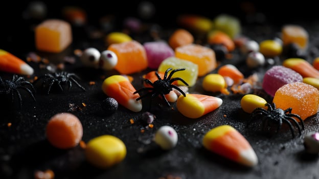 Spooky Halloween candies arranged on a black background with spiders for a festive holiday treat photo