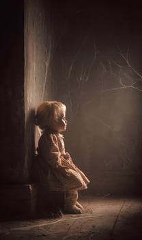 A melancholic porcelain doll shrouded in shadows stands in a forgotten corner weaving a story of solitude and antique charm photo