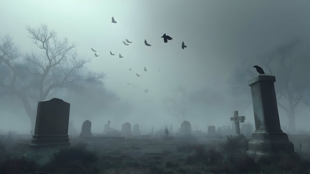Enigmatic graveyard scene enveloped in dense fog with flock of ravens soaring above the tombstones photo