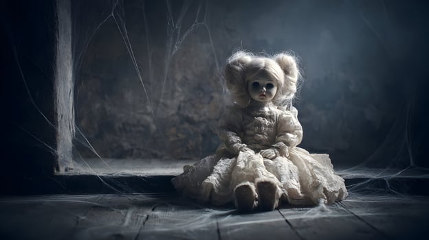 An antique doll shrouded in shadow and mystery sits amidst a web covered room creating a chilling scene photo