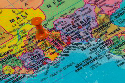 Map highlight of countries in West Africa with pin marking photo