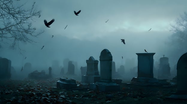 Eerie cemetery shrouded in mist with silhouettes of ravens against a pale blue sky atmosphere photo