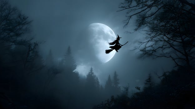 A silhouette of a witch flying on a broomstick against a full moon over a dark forest photo