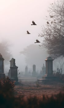 Misty graveyard scene with birds flying above the tombstones creating a somber atmospheric landscape with fog photo