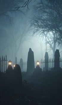 Eerie graveyard shrouded in mist with faint moonlight casting shadows on tombstones and trees creating mystery photo