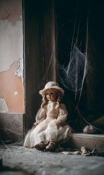 Eerie porcelain doll sits forlornly in a dilapidated corner surrounded by cobwebs and shadows casting a haunting atmosphere photo