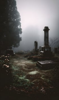 Gloomy tranquility in an ancient cemetery shrouded in morning mist evoking feelings of peace and reflection photo