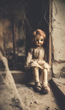 Eerie vintage doll sitting in abandoned window frame casts a haunting gaze in the decaying room photo