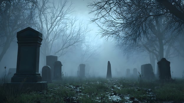 Silent stones stand guard in misty graveyard a haunting landscape of forgotten memories and solitude photo