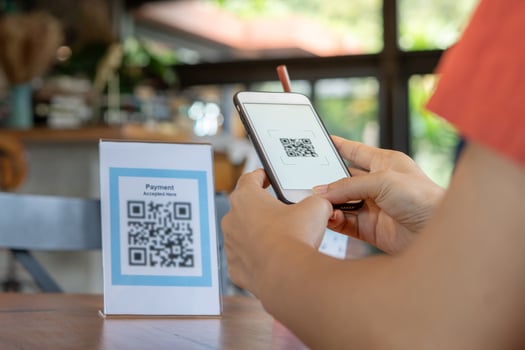 smartphone to scan QR code to pay in cafe restaurant with a digital payment without cash. Choose menu and order accumulate discount. E wallet, technology, pay online, credit card, photo