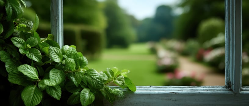 Serene garden view through vintage window summer nature scene soft focus atmosphere photo