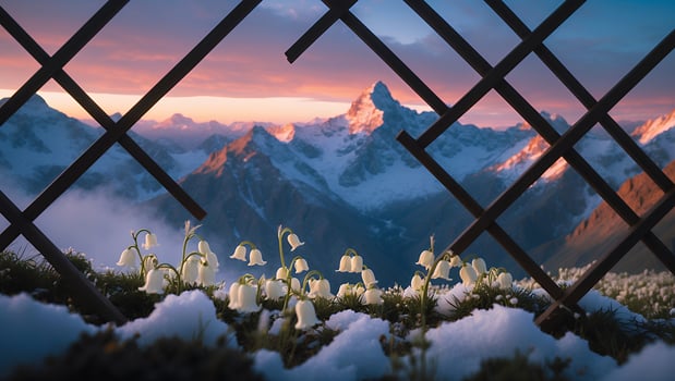 Snowdrop Flowers Foreground with Mountain Range View Through Wooden Frame photo