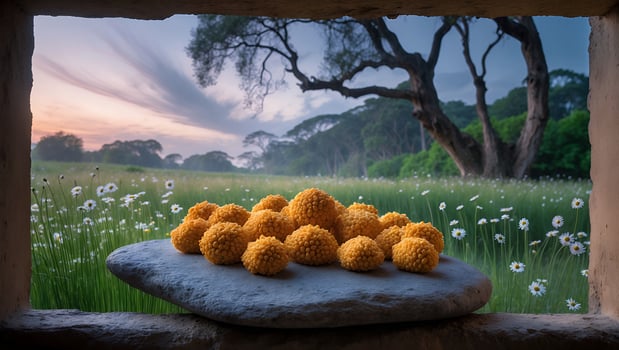 Orange Pom Pom Flowers Displayed on Stone with Field View photo