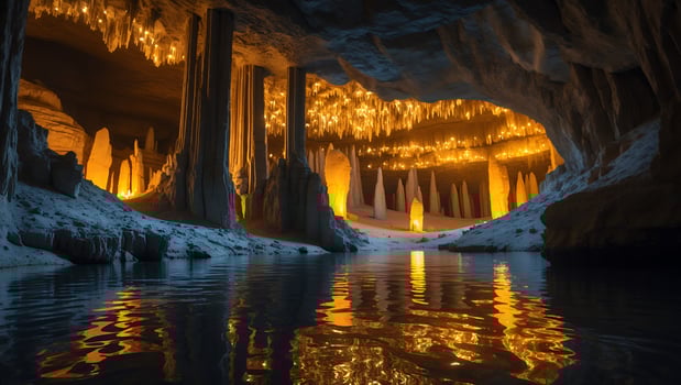 Exploring Mysterious Cave with Water Reflections and Glowing Formations photo