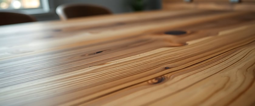 A close up of a wooden table with a chair photo