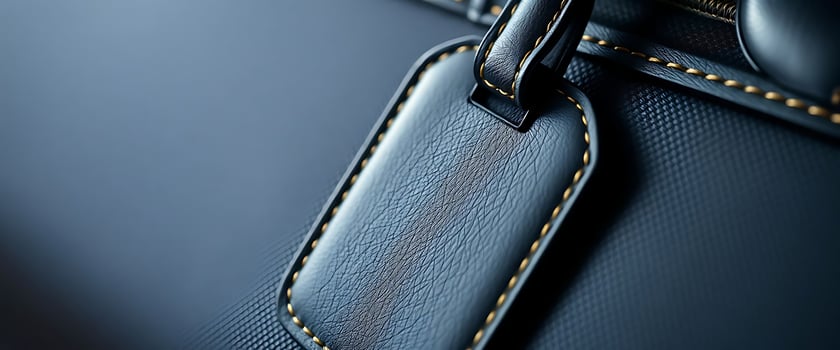 close up of a blue suitcase with yellow stitching photo