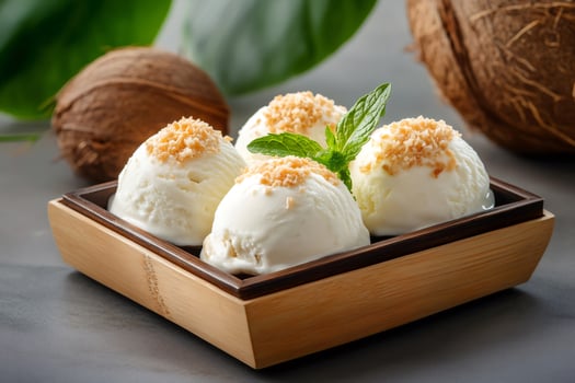 Coconut ice cream scoops with toasted coconut flakes and mint in wooden box photo