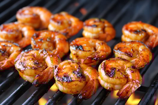 Grilled shrimps cooking on barbecue grill with flames. . photo