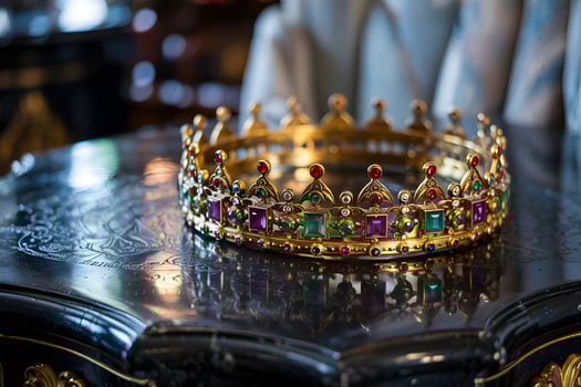 Golden crown with colorful gemstones resting on ornate table photo