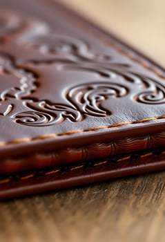A close up of a leather wallet with intricate designs photo