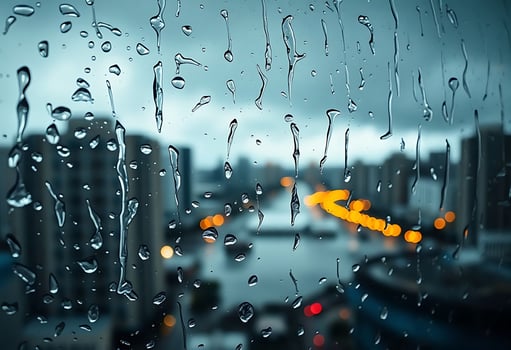 rain drops on a window with a cityscape in the background photo