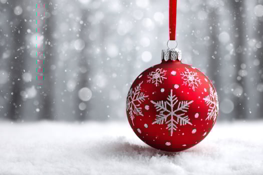 Red christmas ball hanging in snowy landscape with snowflakes design photo