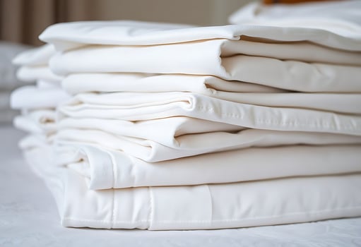 stack of folded white sheets on a bed photo