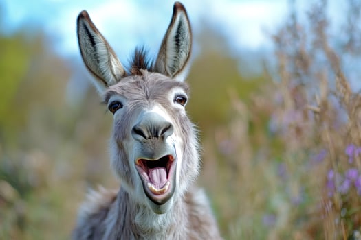 Donkey braying in the meadow with open mouth photo