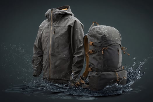 Waterproof hiking jacket and backpack emerging from water splashing photo