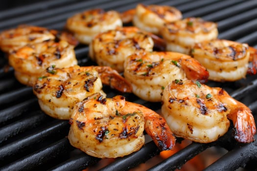 Grilled shrimps cooking on barbecue grill seasoned with herbs photo