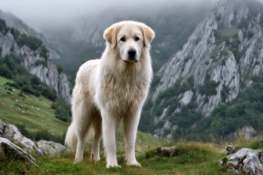 Majestic pyrenean mountain dog standing in mountain landscape photo