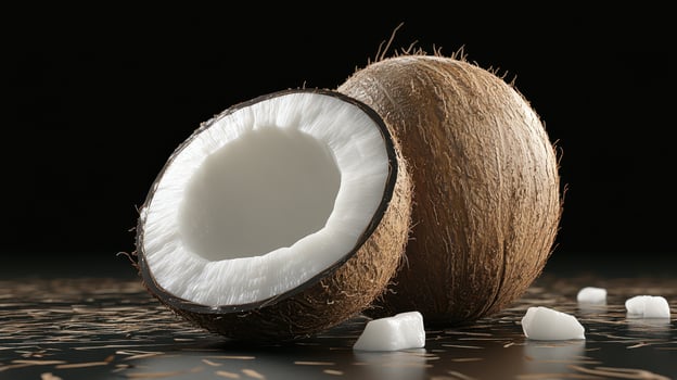 Coconut Still Life. Fresh Coconut Half and Pieces on Dark Backdrop with Natural Light, Delicious Food photo