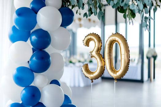 Golden number 30 balloons celebrating a 30th birthday party or anniversary photo