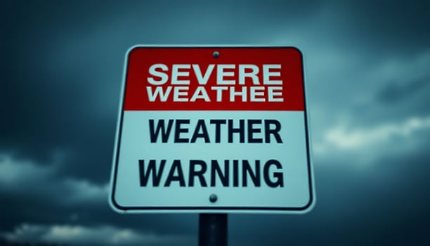 red and white sign that says severe weather warning photo