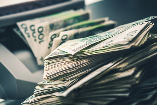 Stacks of Cash Arranged Neatly on a Table Showing Polish Zloty Banknotes photo