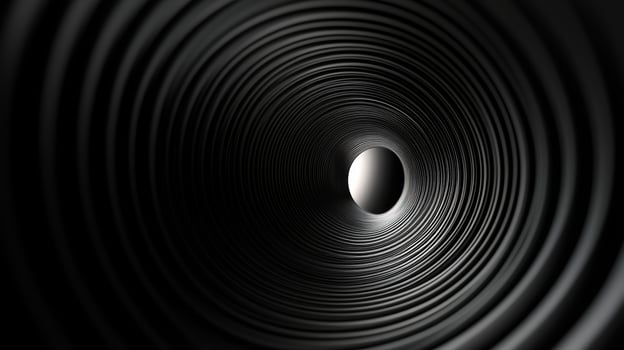 Abstract black spiral tunnel with concentric rings and central light source creating an intriguing optical illusion in monochrome design photo
