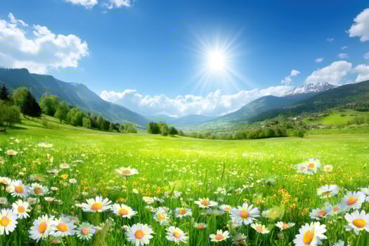 Idyllic Mountain Meadow Scene with Blooming Daisies and Sunny Blue Sky Landscape photo