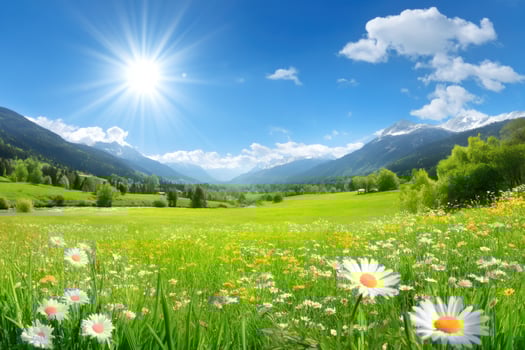 Beautiful Green Landscape with Mountains Flowers and Blue Sky Nature Photography photo