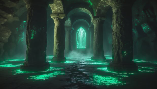 Illuminated Columns Glow Green Inside Ancient Stone Hallway Interior photo