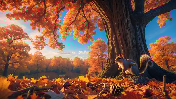 Squirrel in Autumn Forest Scene with Fallen Leaves and Warm Light photo