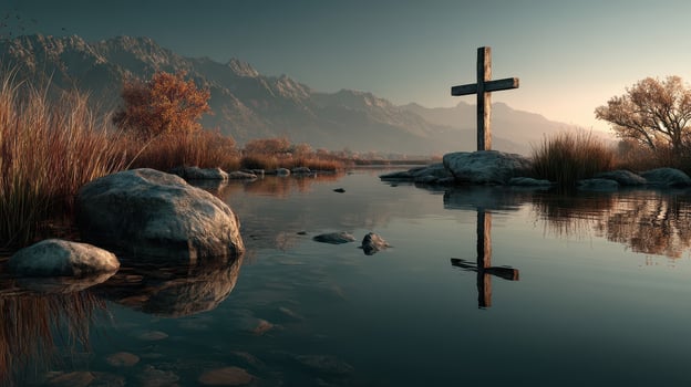 Serenity at sunset with a wooden cross by the calm river in a mountainous landscape photo