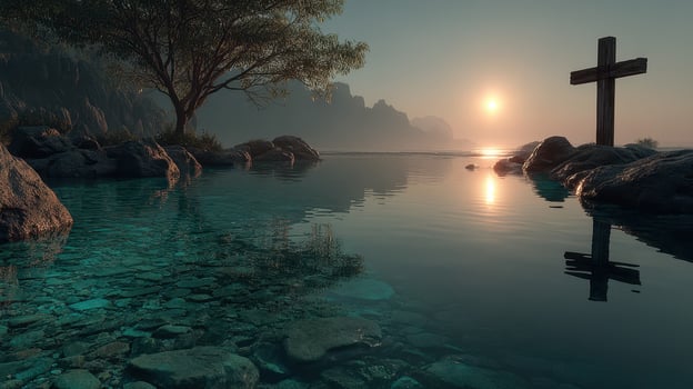 Serene sunset over tranquil waters with a wooden cross and reflections in nature photo