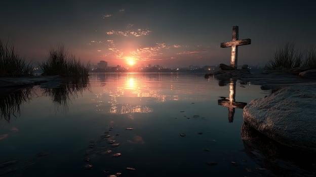 Sunset reflection on calm waters with a cross and rocks amidst tall grass in a serene landscape photo