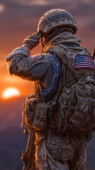Soldier salutes the sunset while standing on a mountain, honoring duty and sacrifice in a moment of reflection photo