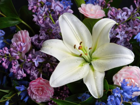 A beautiful arrangement featuring a striking white lily with a mix of purple lilacs and more. photo