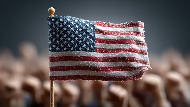 Flag representing American pride waves amidst a crowd of supporters during a rally focused on unity and patriotism photo