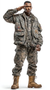 Soldier saluting with respect while wearing military uniform indoors during daylight photo