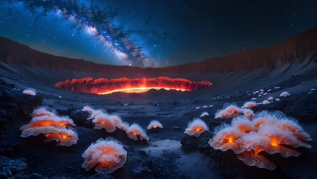 Exploring an Extraterrestrial Landscape at Night with Glowing Flora photo