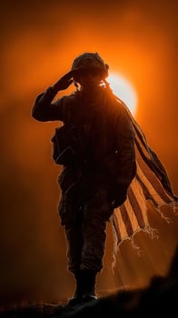 Soldier saluting against a vibrant sunset backdrop while honoring duty and sacrifice photo