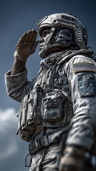 Soldier in military uniform saluting with respect during a ceremonial event on a clear day photo